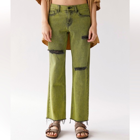 NWT UO Lime Stone Washed Straight Leg Slit Distressed Cowboy Jeans, Price Firm - Picture 3 of 4